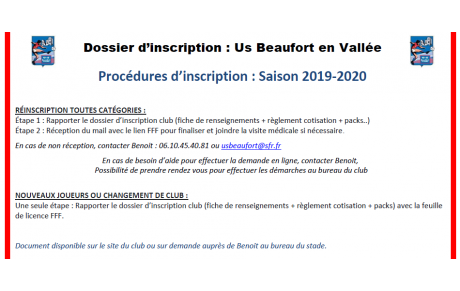 Inscriptions 2019-2020 AOUT/SEPTEMBRE