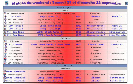 Programme du weekend : 21-22 septembre