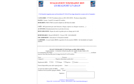 Stage-foot TOUSSAINT : Inscription